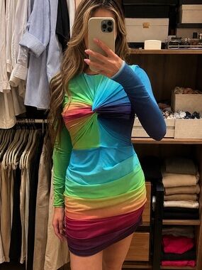 Alex Perry Multi-Color Twist-Front Long Sleeve Mini Dress